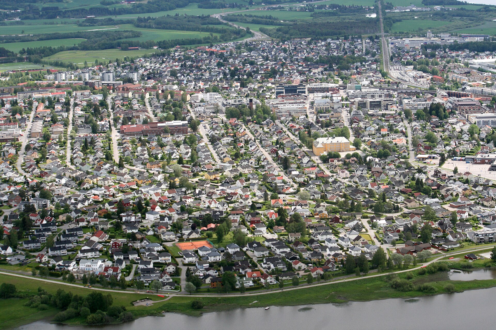 Aerial view of Lillestrøm with the Nitelva river in the foreground