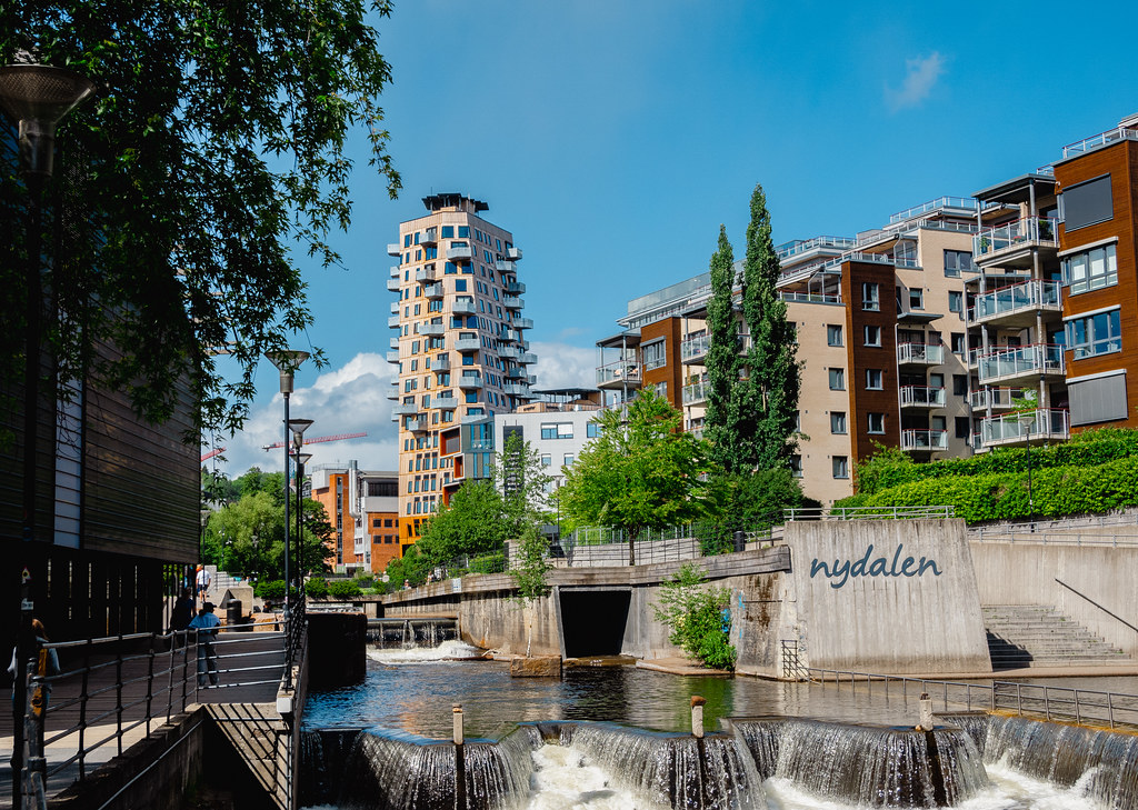 Nydalen in Nordre Aker, Oslo, with apartment buildings and the redeveloped banks of the Akerselva river